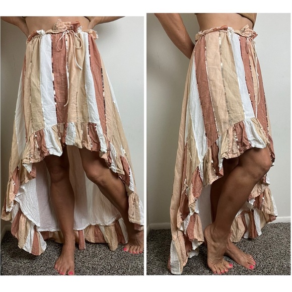 Sundress Dresses & Skirts - Revolve x Sundress India Sequin Brown Tan Stripe Boho Ruffle High Low Maxi Skirt